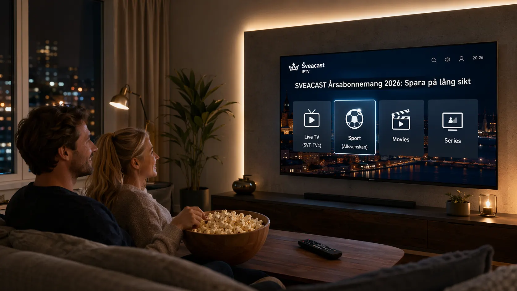 En realistisk 16:9-bild som visar ett lyckligt svenskt par på en soffa, ätandes popcorn. De tittar på en stor 4K-TV som visar Sveacast IPTV-gränssnittet med menyn "Årsabonnemang 2026: Spara på lång sikt" och innehållskategorier.