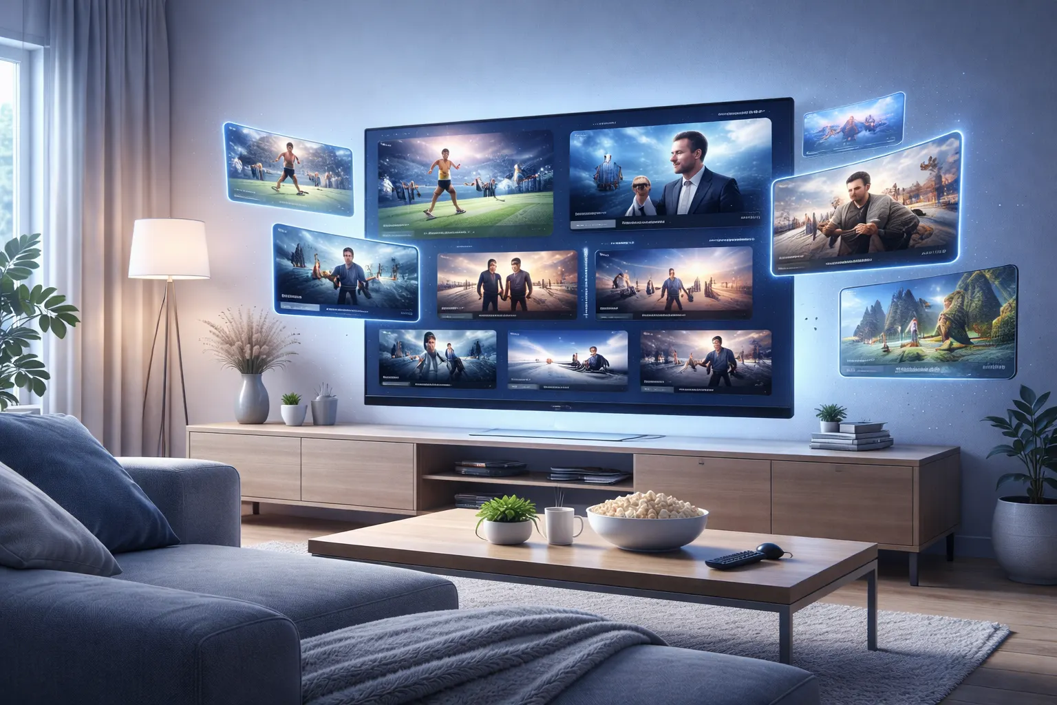 Modernt vardagsrum med stor smart-TV som visar flera IPTV-kanaler i HD och 4K – sport, film och serier flytande runt skärmen