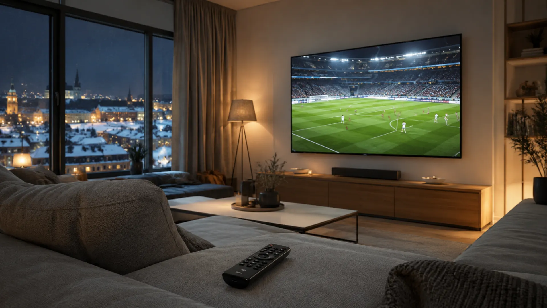 Nordisk IPTV i ett modernt skandinaviskt vardagsrum med fotboll på TV