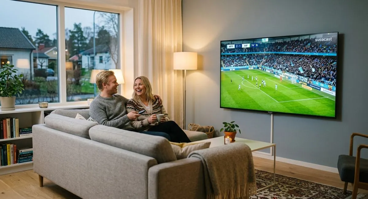 Bästa IPTV i Sverige med sportkanaler och filmer på en Smart TV i ett svenskt vardagsrum.